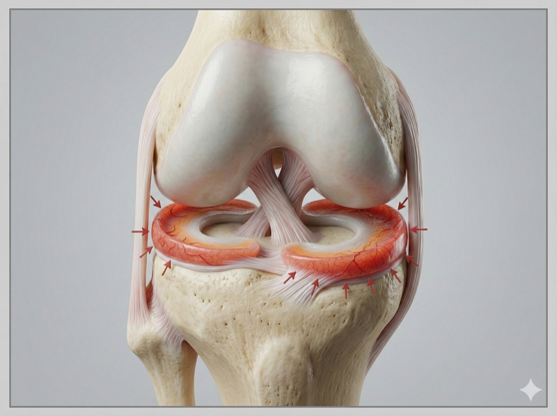 Anatomía de la rodilla mostrando los meniscos medial y lateral con flechas rojas indicando la irrigación sanguínea periférica que determina la capacidad de reparación