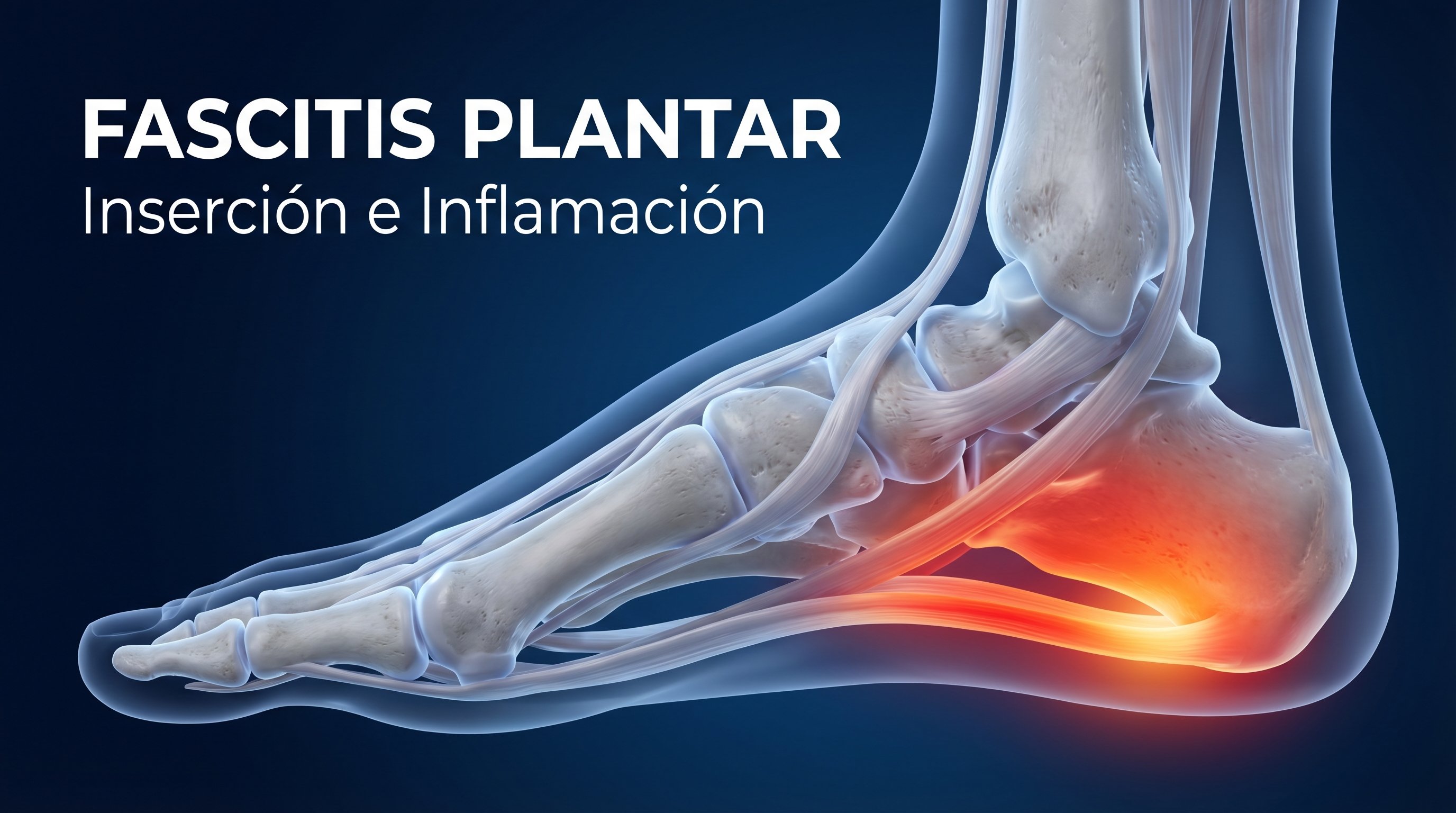 Ilustración médica del dolor de talón causado por fascitis plantar: inflamación de la fascia plantar en la inserción del calcáneo