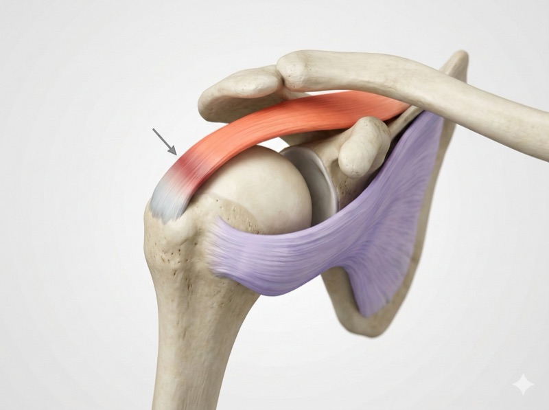 Vista superior del hombro: los cuatro tendones del manguito rotador (supraespinoso, infraespinoso, redondo menor y subescapular) envolviendo la cabeza del húmero, con la zona crítica de Codman señalada