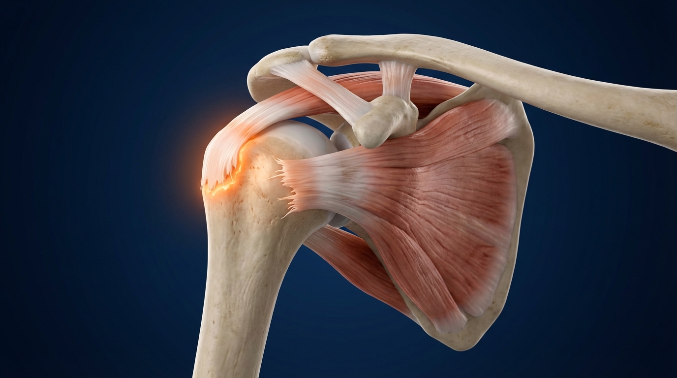 Ilustración médica 3D de la articulación del hombro mostrando los tendones del manguito rotador envolviendo la cabeza del húmero