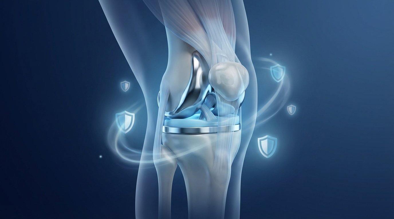 Ilustración médica 3D de prótesis total de rodilla con elementos que representan seguridad y tecnología