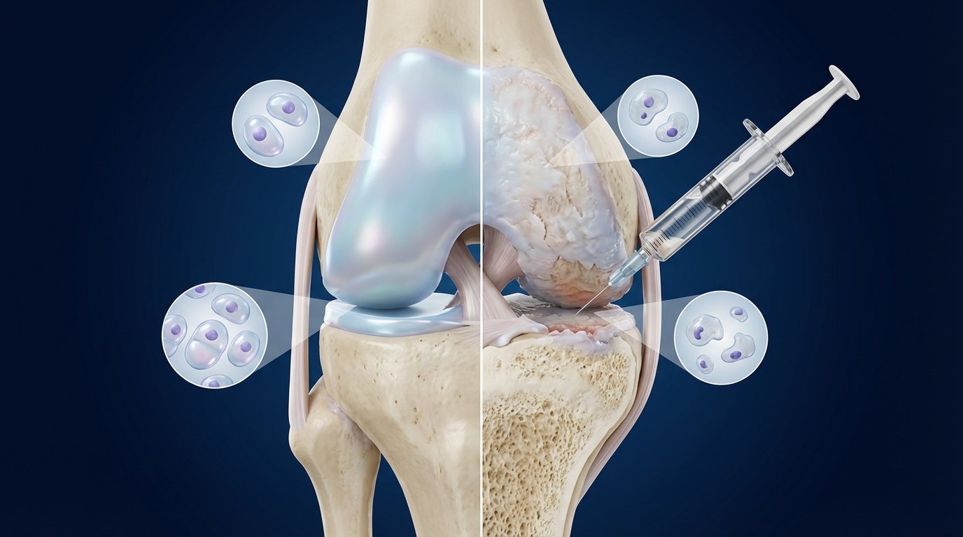 Ilustración médica de cartílago articular de rodilla: lado sano vs lado dañado